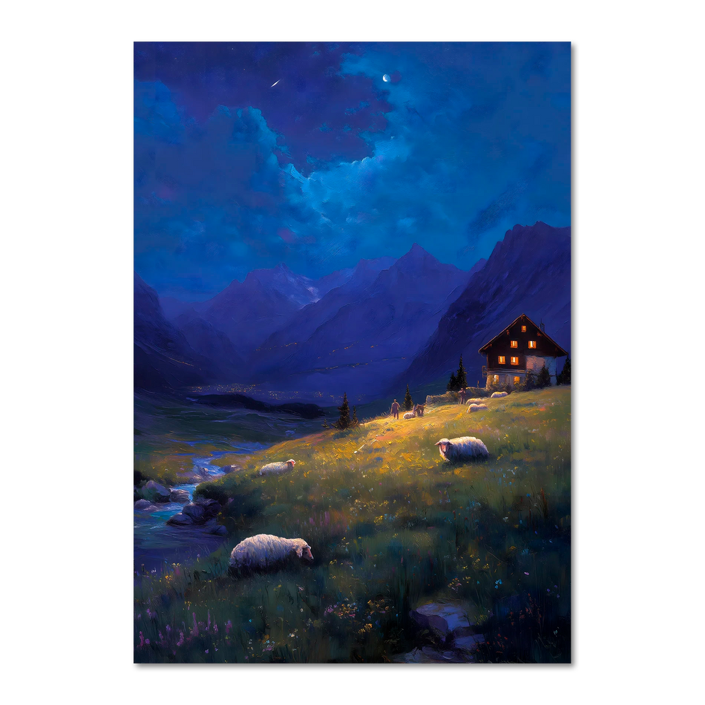 Alps Nightlight - Poster depicting a tranquil alpine night with sheep and a house under stars.