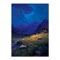 Alps Nightlight - Poster depicting a tranquil alpine night with sheep and a house under stars.