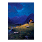 Alps Nightlight - Poster depicting a tranquil alpine night with sheep and a house under stars.