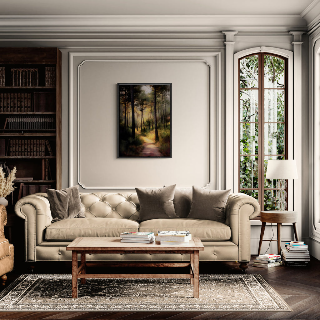 Alps Path - Poster displayed above a couch in a cozy living room, showcasing warm sunlight through forest trees.