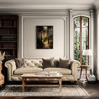 Alps Path - Poster displayed above a couch in a cozy living room, showcasing warm sunlight through forest trees.