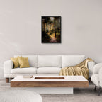 Alps Path - Poster showcasing a serene forest scene with warm sunlight, ideal wall art for modern minimalist interiors.