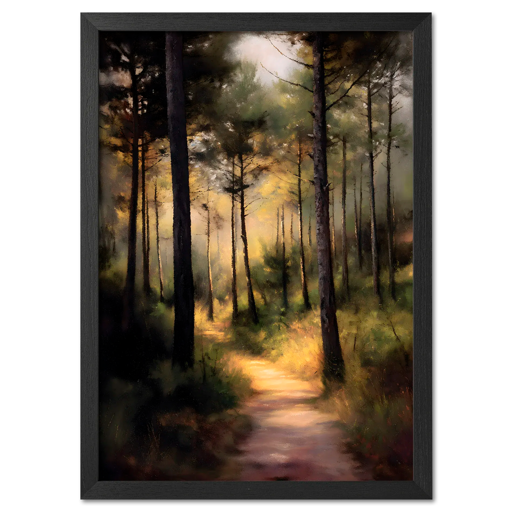 Alps Path - Poster featuring a forest path illuminated by golden sunlight and tall pine trees.