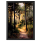 Alps Path - Poster featuring a forest path illuminated by golden sunlight and tall pine trees.