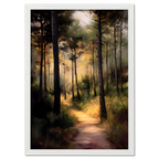 Alps Path - Poster featuring a serene forest path illuminated by warm golden sunlight.