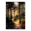 Alps Path - Poster showcasing a serene forest path illuminated by golden sunlight through tall pine trees.