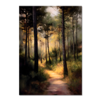Alps Path - Poster showcasing a serene forest path illuminated by golden sunlight through tall pine trees.