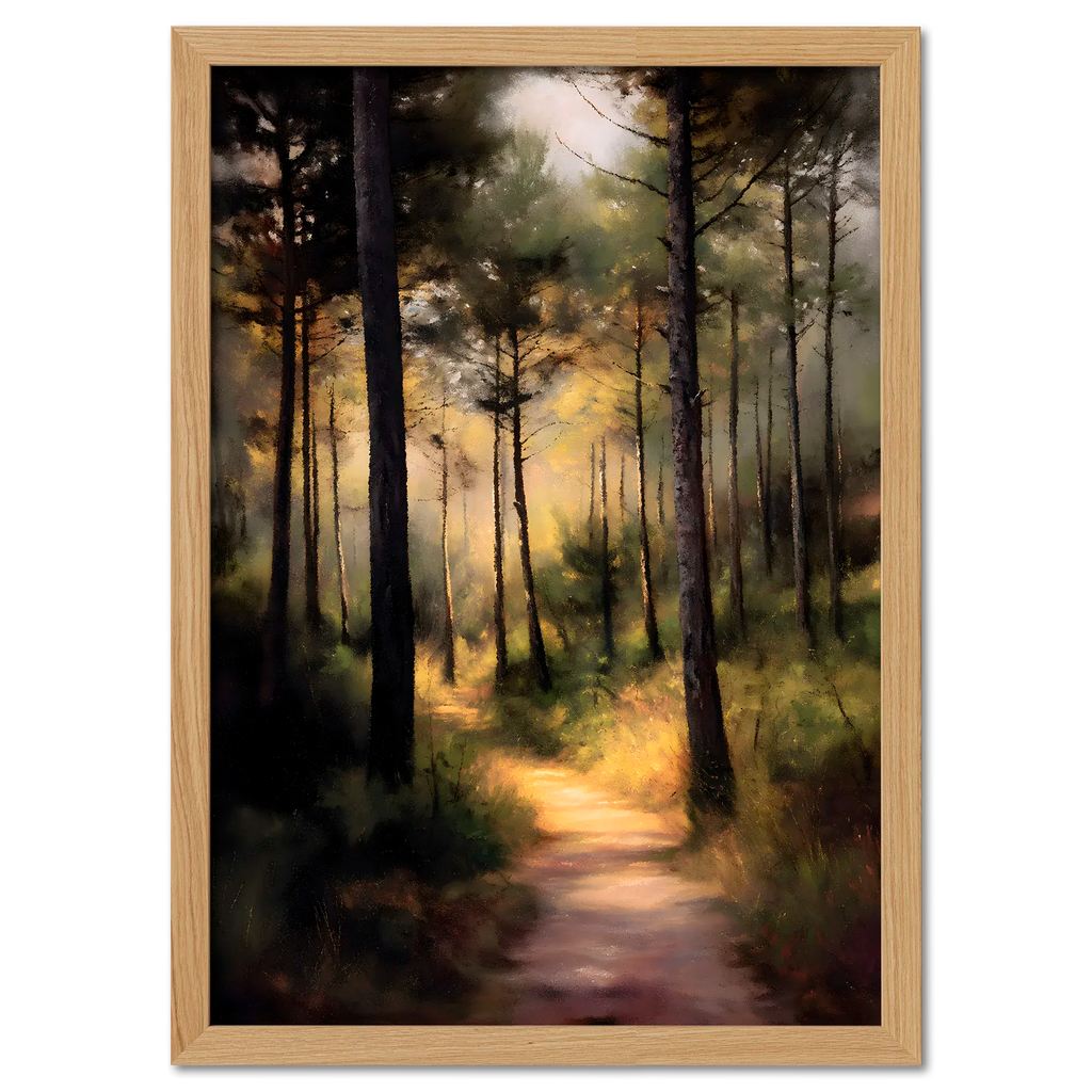 Alps Path - Poster showcasing a serene forest path illuminated by warm sunlight through high pine trees.