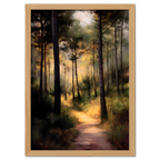 Alps Path - Poster showcasing a serene forest path illuminated by warm sunlight through high pine trees.