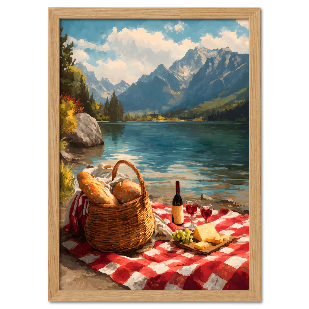 Alps Picnic - Poster featuring a picnic by a serene alpine lake with mountains, fresh bread, cheese, grapes, and wine.