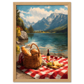 Alps Picnic - Poster featuring a picnic by a serene alpine lake with mountains, fresh bread, cheese, grapes, and wine.