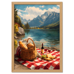 Alps Picnic - Poster featuring a picnic by a serene alpine lake with mountains, fresh bread, cheese, grapes, and wine.