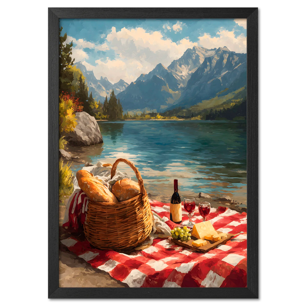 Alps Picnic - Poster featuring a serene alpine lake, picnic basket, cheese, grapes, and wine on a red-and-white blanket.