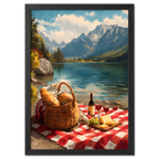 Alps Picnic - Poster featuring a serene alpine lake, picnic basket, cheese, grapes, and wine on a red-and-white blanket.