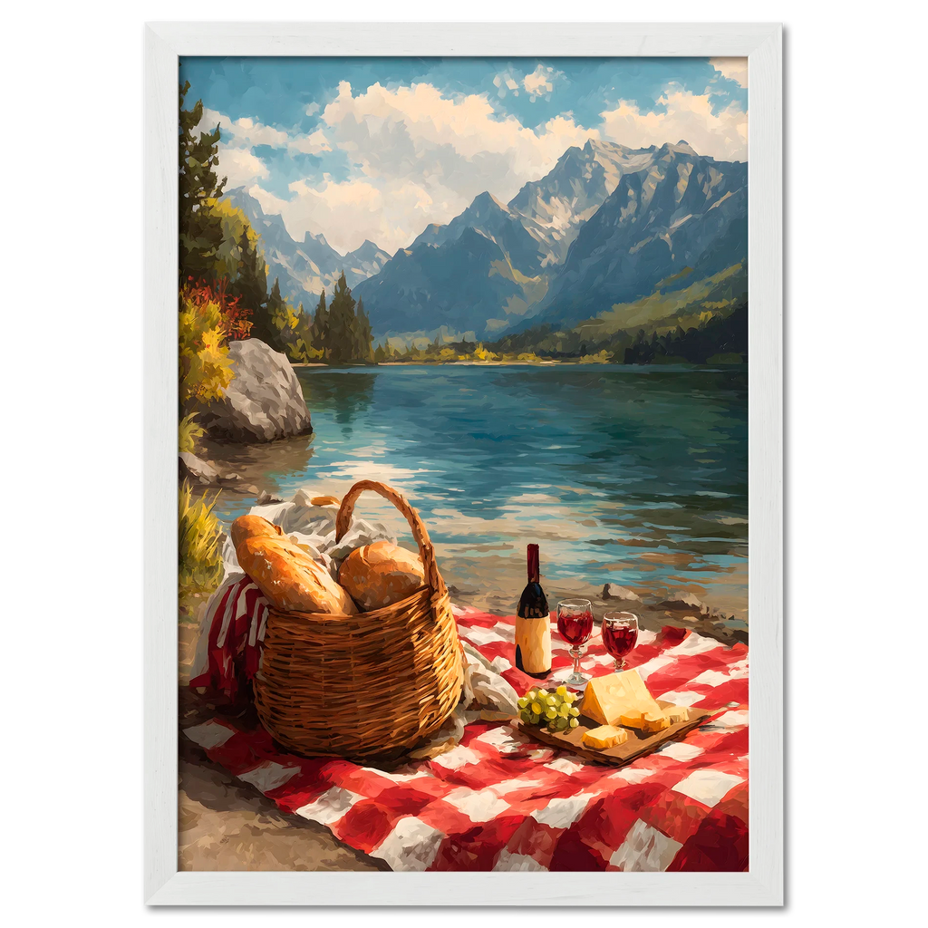 Alps Picnic - Poster featuring a picnic by an alpine lake with mountains, bread, cheese, and wine.