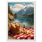 Alps Picnic - Poster featuring a picnic by an alpine lake with mountains, bread, cheese, and wine.