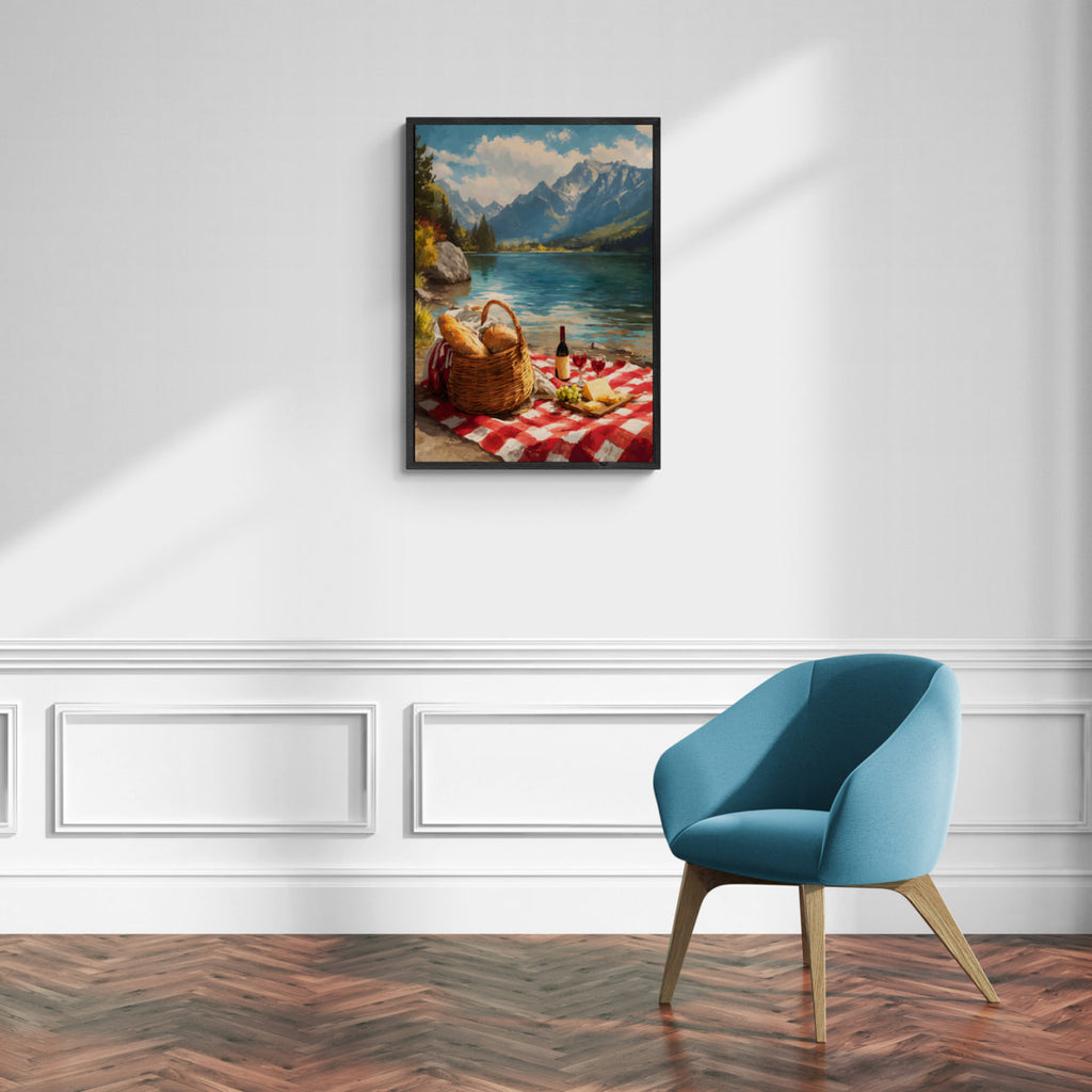 Alps Picnic - Poster showcasing a serene alpine lake with a picnic on a red-and-white blanket, perfect wall art.