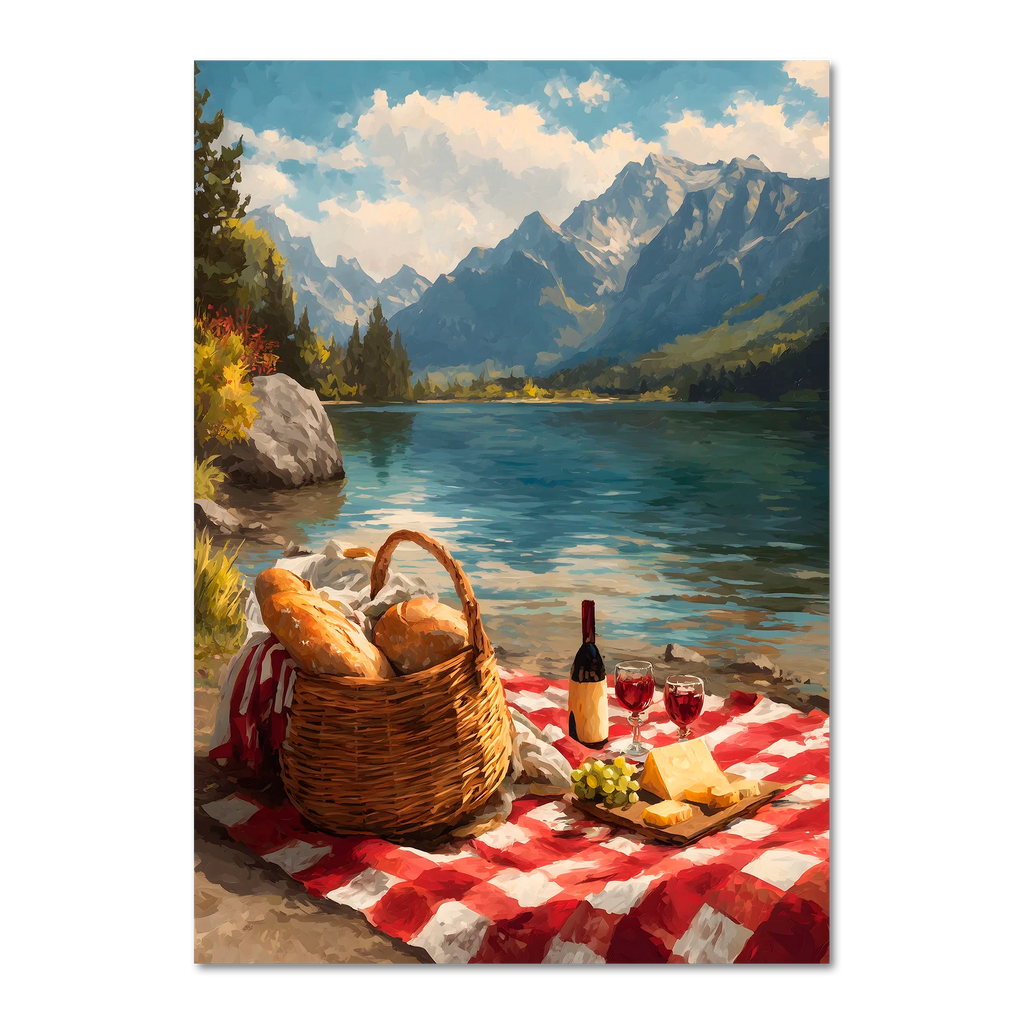 Alps Picnic - Poster featuring a serene alpine lake, picnic setup, and mountain backdrop.