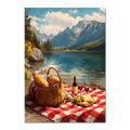 Alps Picnic - Poster featuring a serene alpine lake, picnic setup, and mountain backdrop.