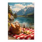 Alps Picnic - Poster featuring a serene alpine lake, picnic setup, and mountain backdrop.