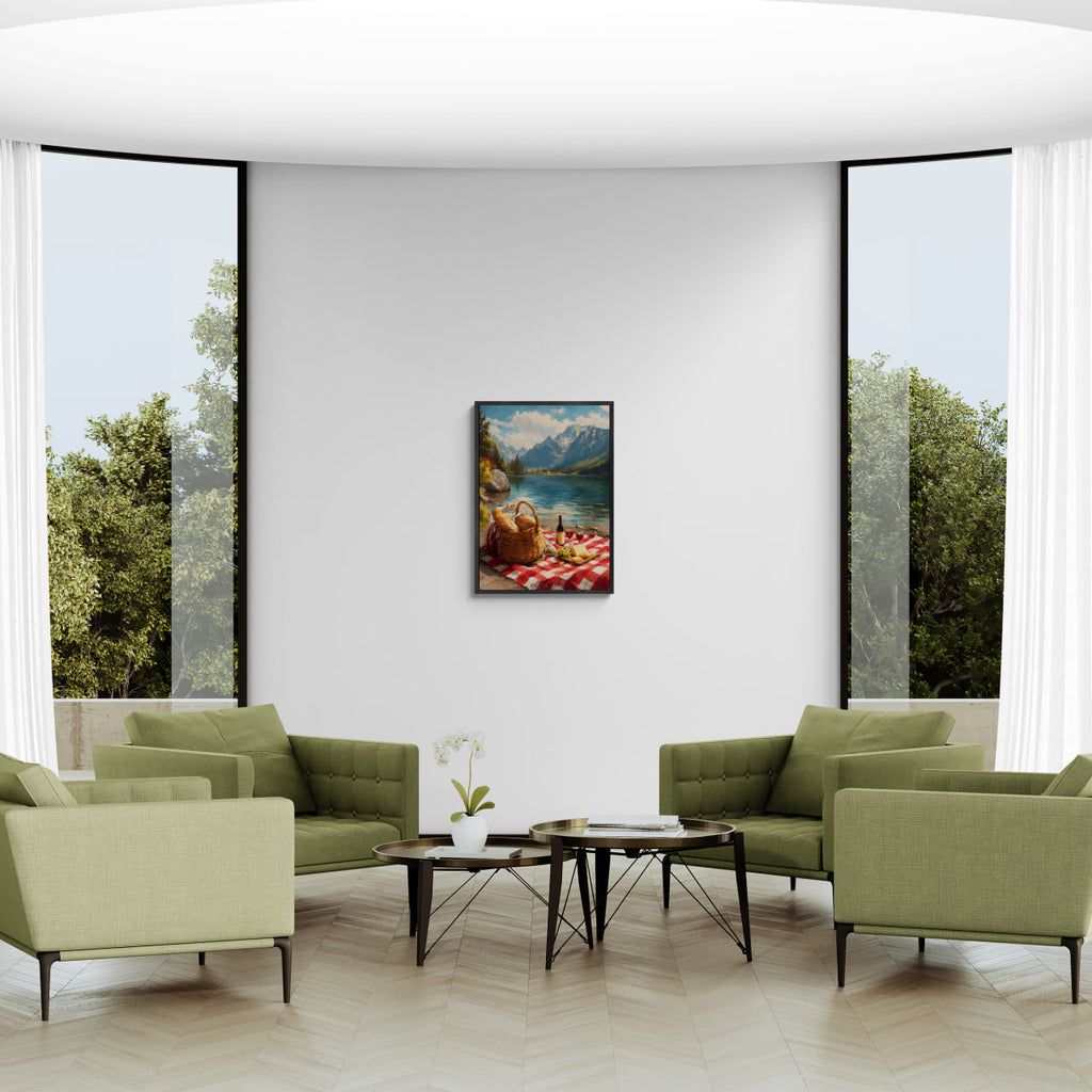 Alps Picnic - Poster displayed in a modern living room with green chairs and large windows overlooking nature.