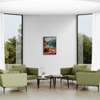 Alps Picnic - Poster displayed in a modern living room with green chairs and large windows overlooking nature.