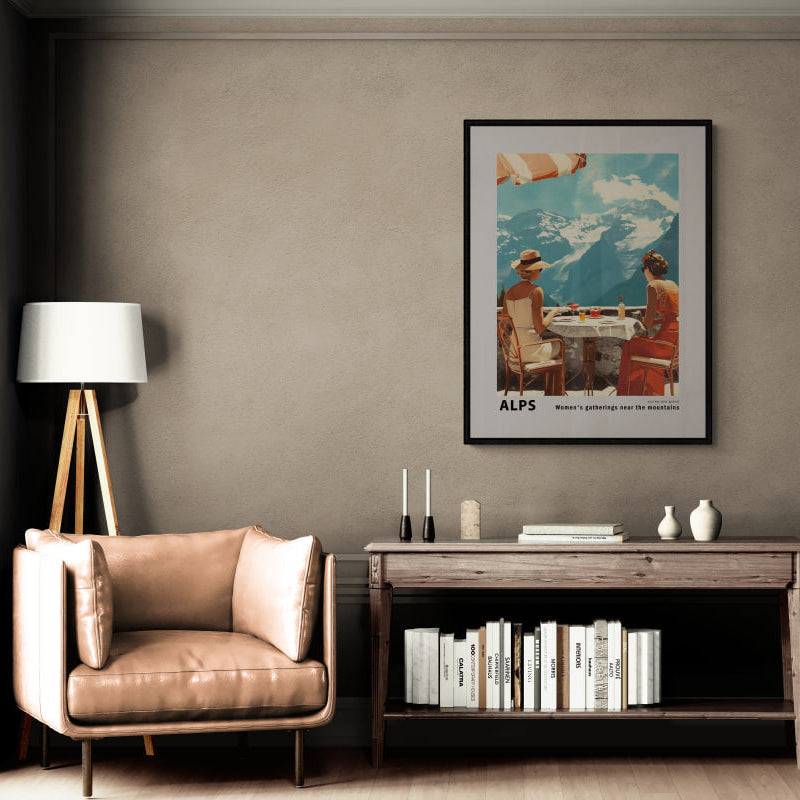 Meeting of girls near the mountains - Poster displayed in a stylish living room with modern decor.