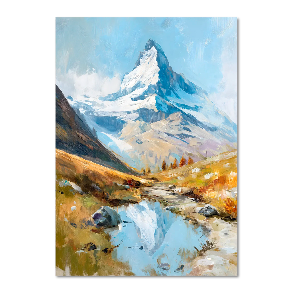 Alps Reflection - Poster featuring a vibrant alpine landscape with mountain peak and reflective stream.