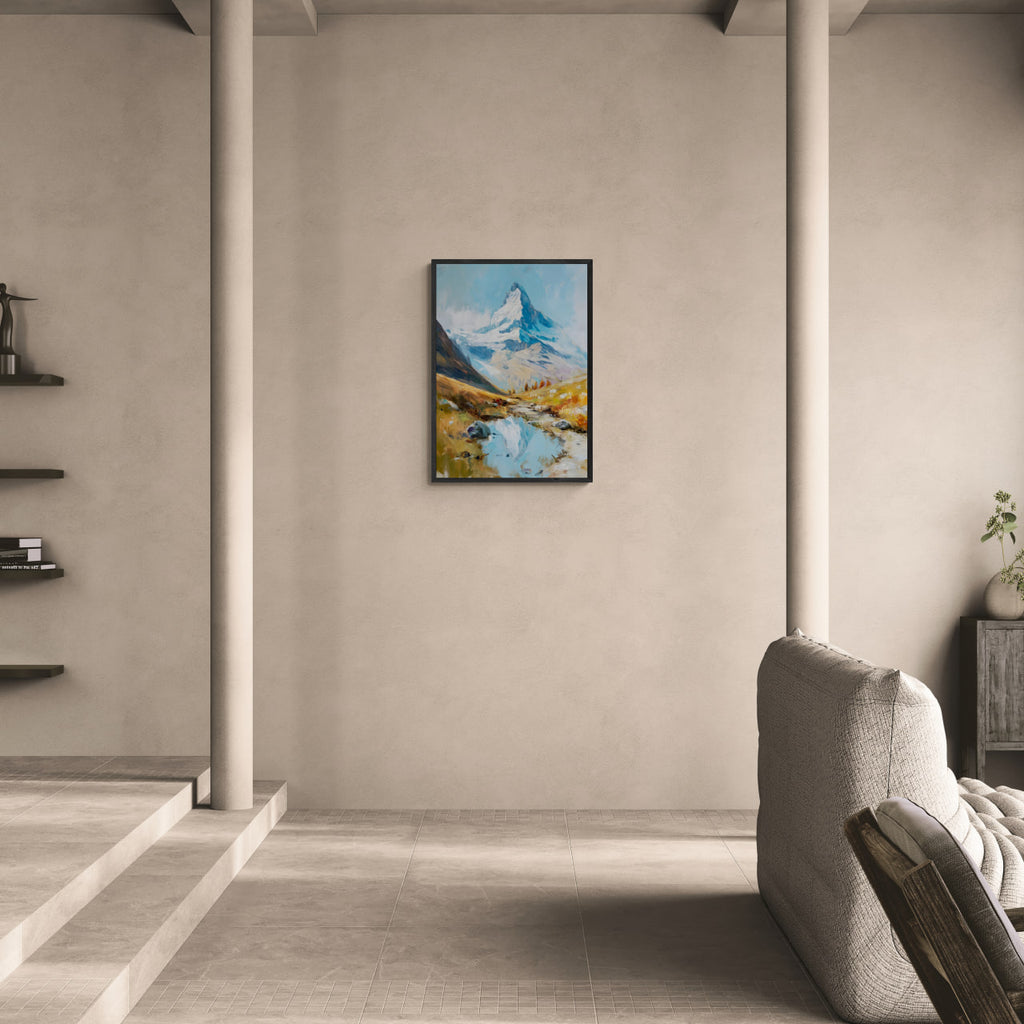 Alps Reflection - Poster displayed in a modern living room, showcasing a bright alpine landscape and serene water reflection.