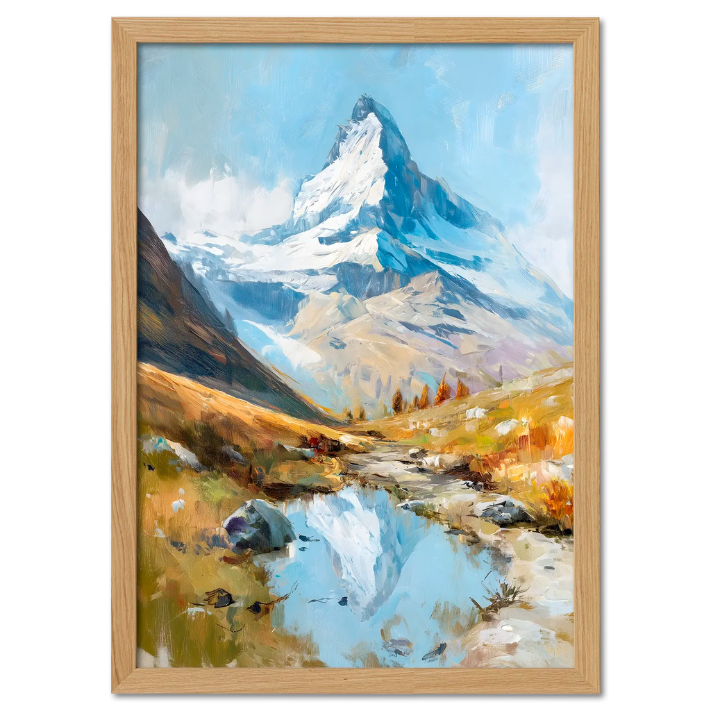 Alps Reflection - Poster depicting a vibrant alpine landscape with a mountain peak and calm water stream reflecting it.