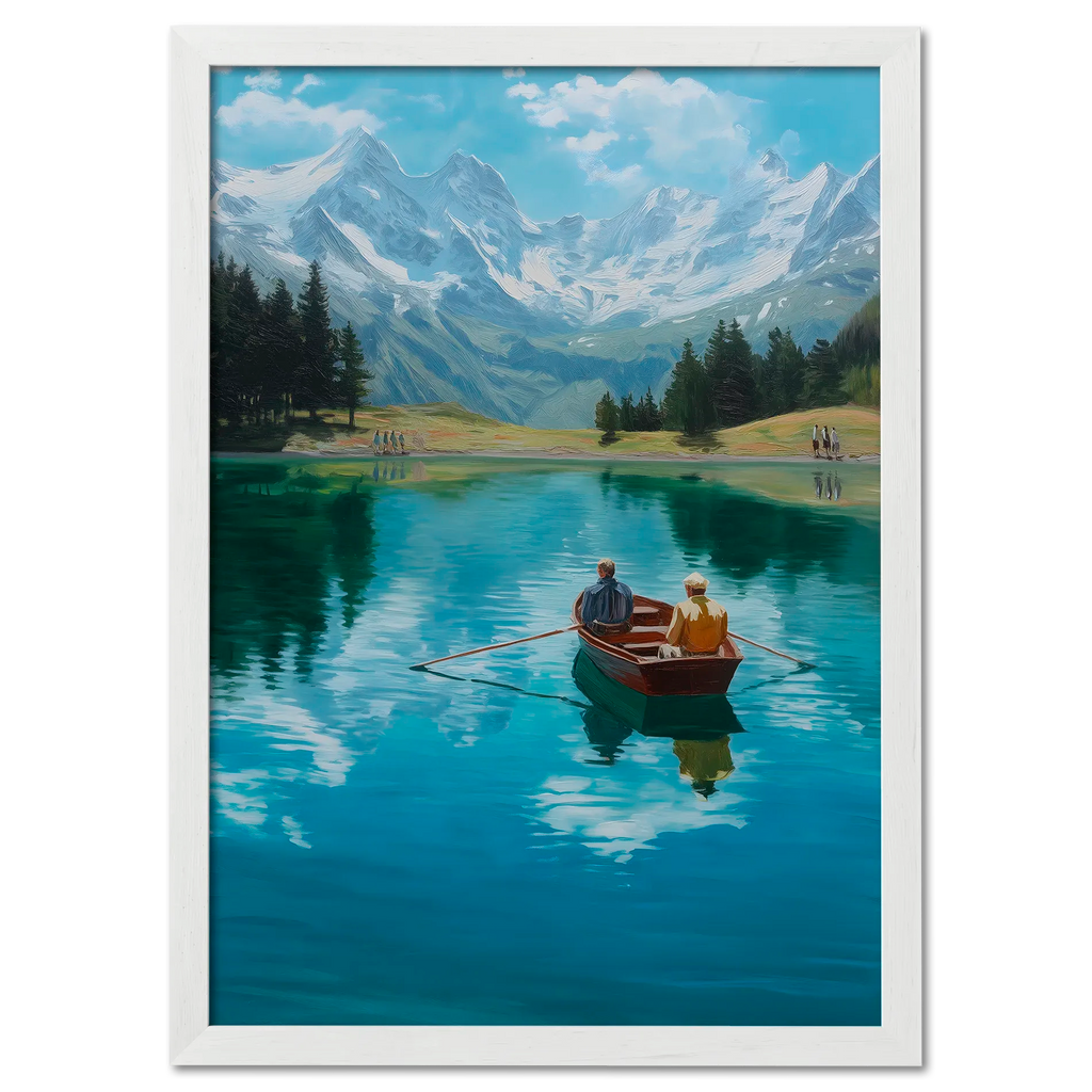 Alps Rowing - Poster featuring two people rowing on an alpine lake with snowy mountains in the background.