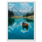 Alps Rowing - Poster featuring two people rowing on an alpine lake with snowy mountains in the background.