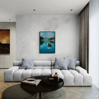 Alps Rowing - Poster displayed in a modern living room above a cozy gray sofa.