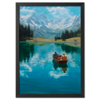 Alps Rowing - Poster featuring two people rowing on a serene alpine lake with snowy peaks in the background.