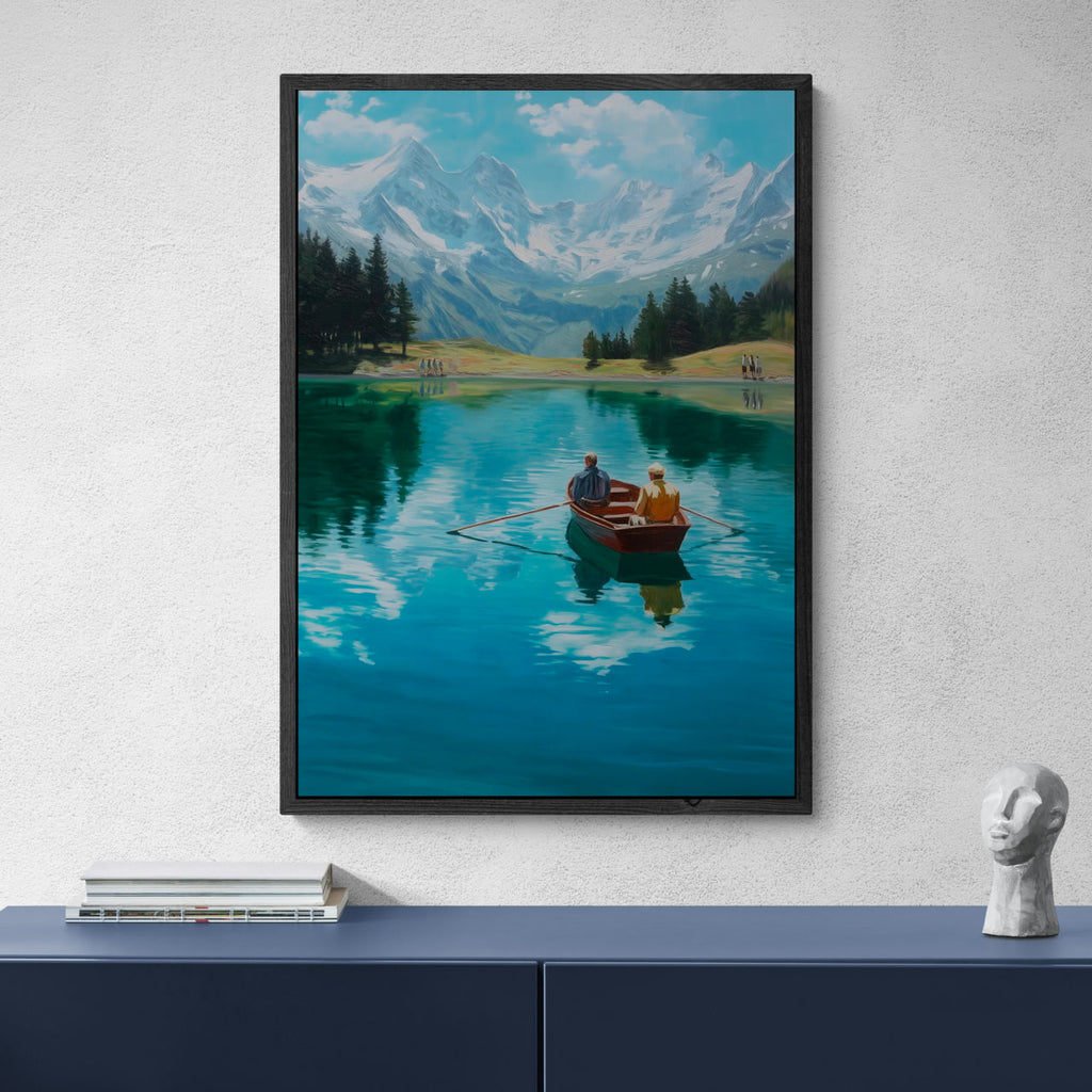 Alps Rowing - Poster featuring two people in a boat on a clear alpine lake surrounded by mountains and greenery.
