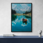 Alps Rowing - Poster featuring two people in a boat on a clear alpine lake surrounded by mountains and greenery.