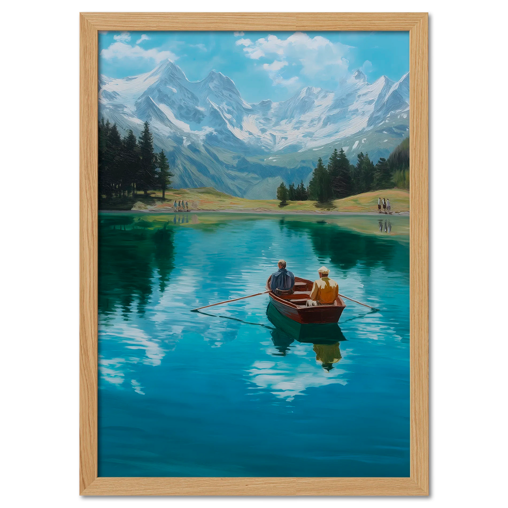Alps Rowing - Poster featuring two people rowing on a serene alpine lake with snowy peaks in background.