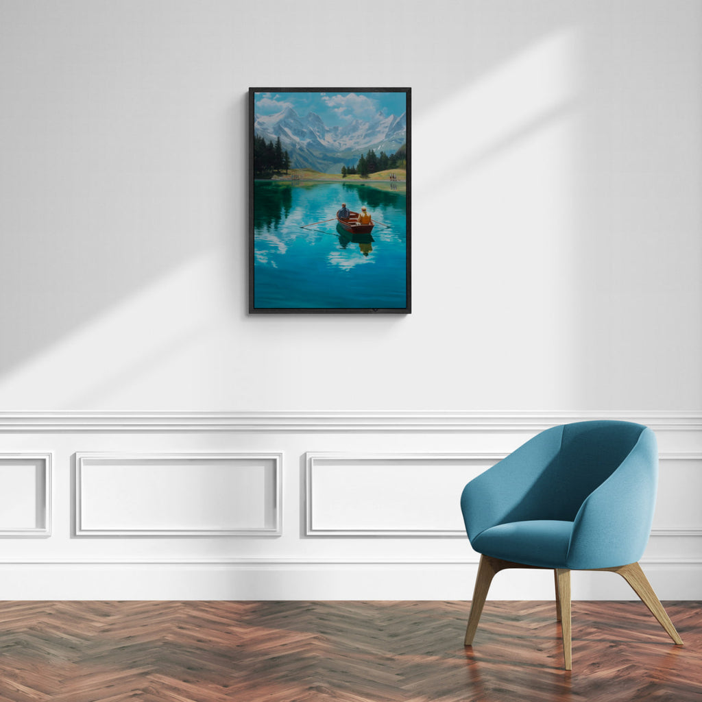 Alps Rowing - Poster, serene wall art of two people rowing on an alpine lake with snowy peaks.