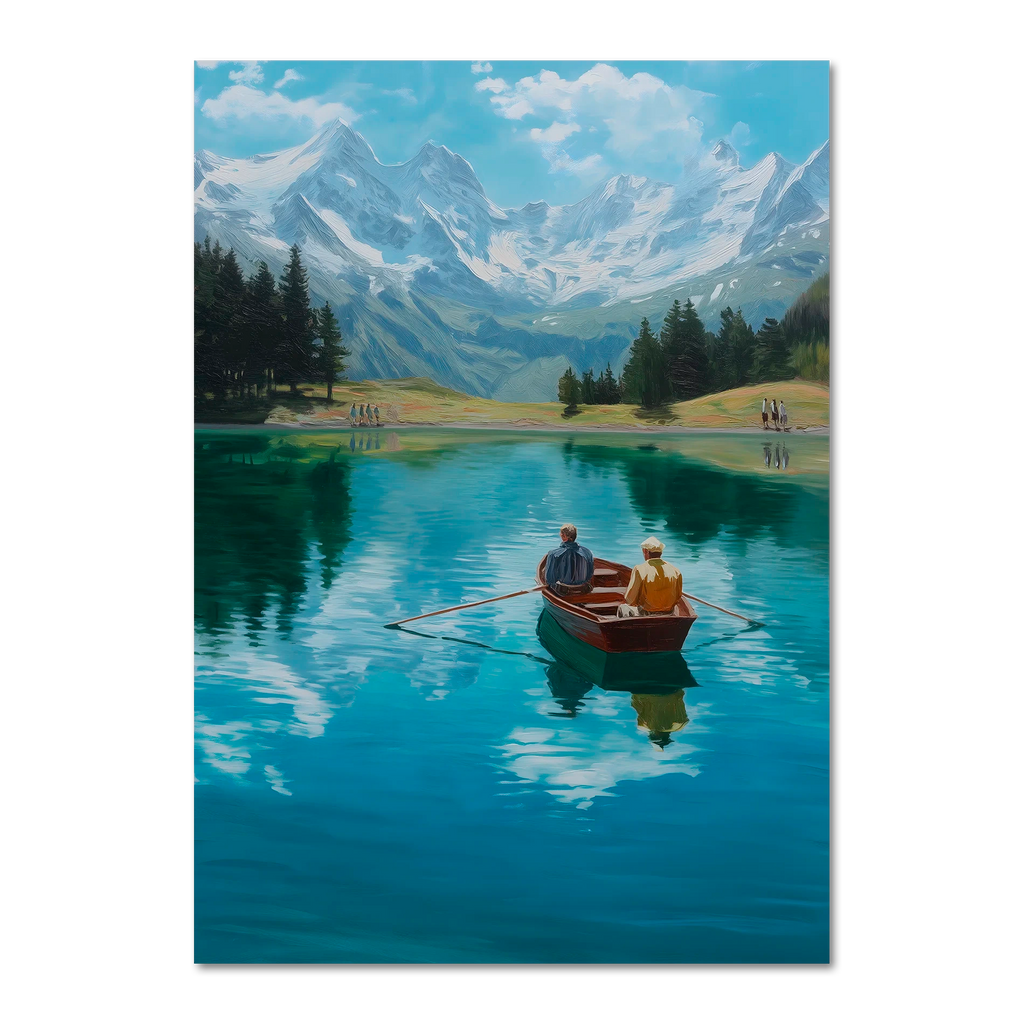 Alps Rowing - Poster featuring a serene scene of two people rowing on a crystal-clear alpine lake.