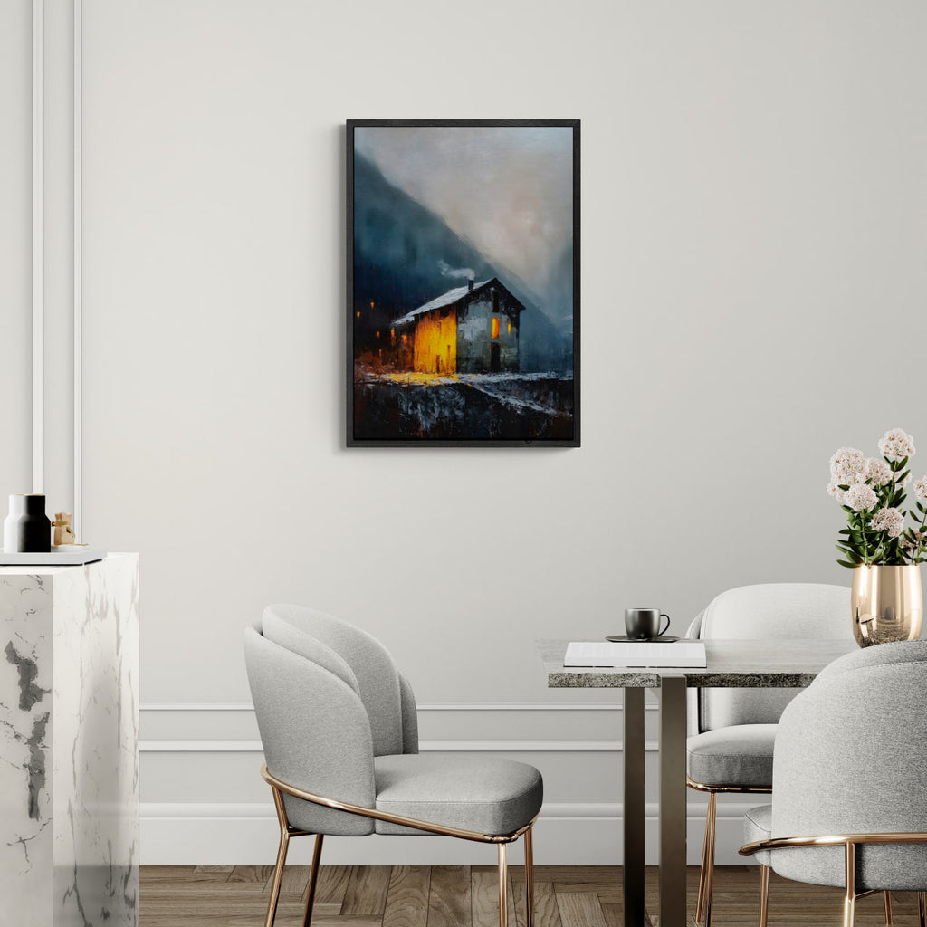 Alps Shelter - Poster featuring a glowing mountain house in a misty evening, perfect wall art.