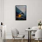 Alps Shelter - Poster featuring a glowing mountain house in a misty evening, perfect wall art.