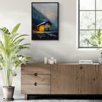 Alps Shelter - Poster featuring a glowing mountain house in a misty evening, perfect wall art for modern interiors.