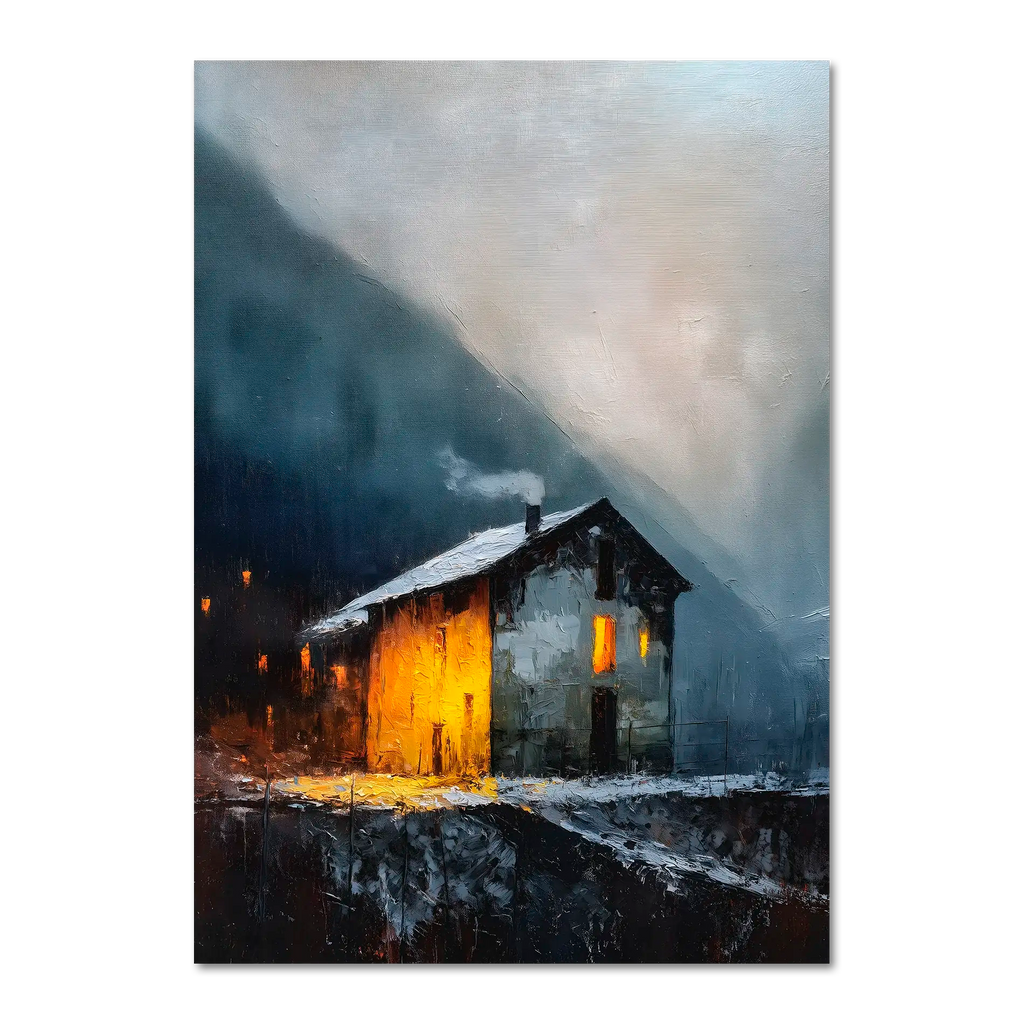 Alps Shelter - Poster depicting a mountain house glowing warmly in a cold, misty winter evening.