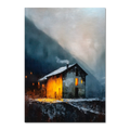 Alps Shelter - Poster depicting a mountain house glowing warmly in a cold, misty winter evening.