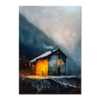 Alps Shelter - Poster depicting a mountain house glowing warmly in a cold, misty winter evening.