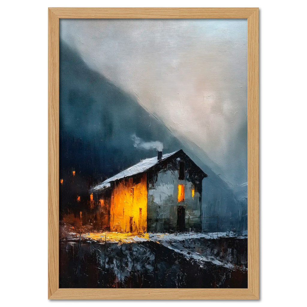 Alps Shelter - Poster featuring a warm mountain house glowing in a misty winter evening landscape.