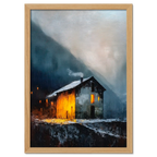 Alps Shelter - Poster featuring a warm mountain house glowing in a misty winter evening landscape.