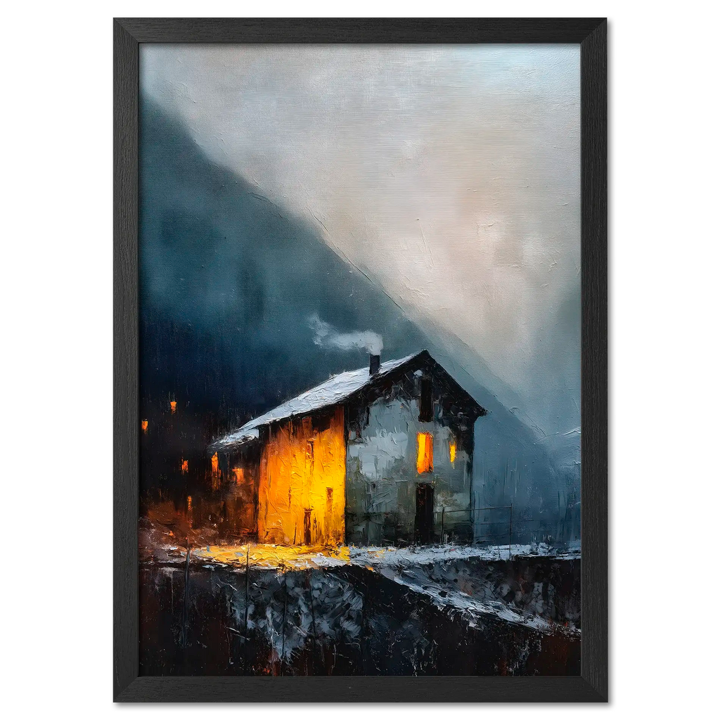 Alps Shelter - Poster featuring a warm mountain house amidst a misty winter landscape.