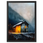 Alps Shelter - Poster featuring a warm mountain house amidst a misty winter landscape.