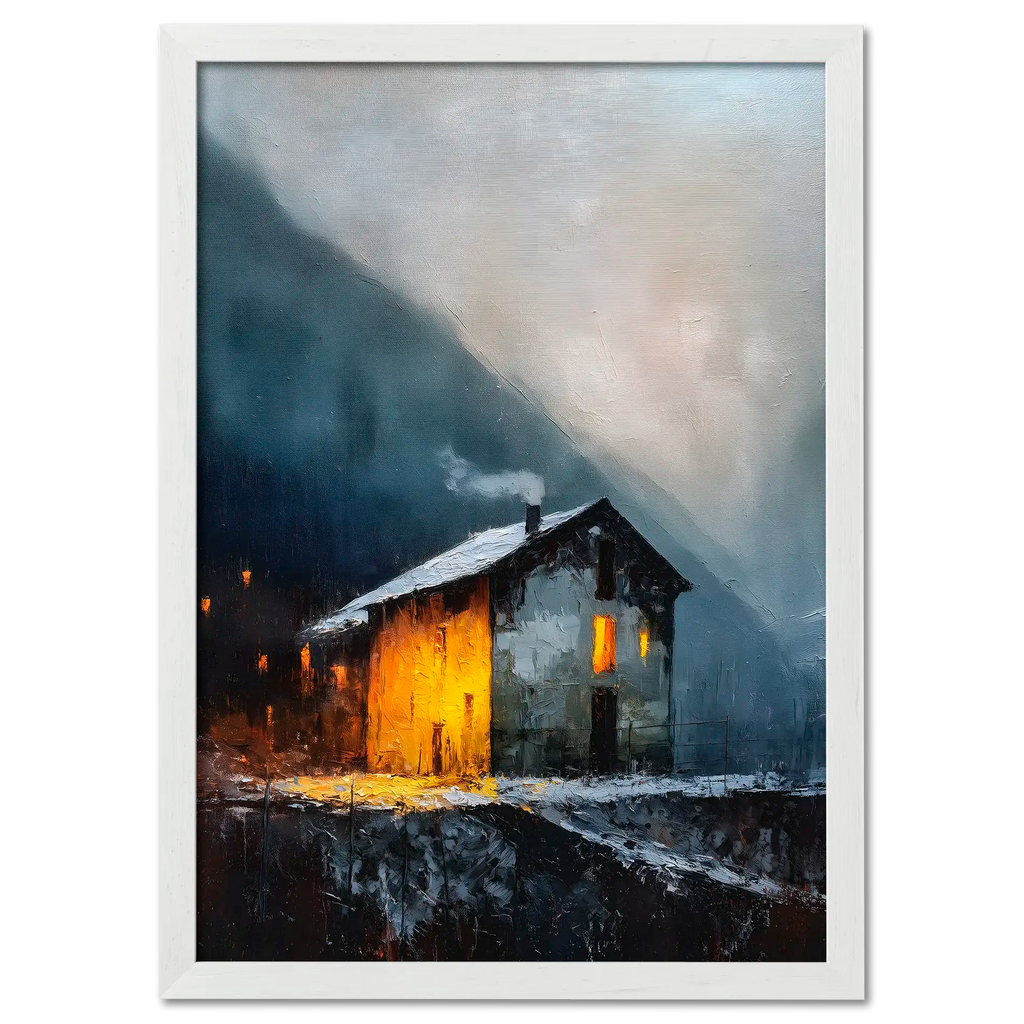 Alps Shelter - Poster depicting a warm mountain house in a misty evening, showcasing serene winter scenery.